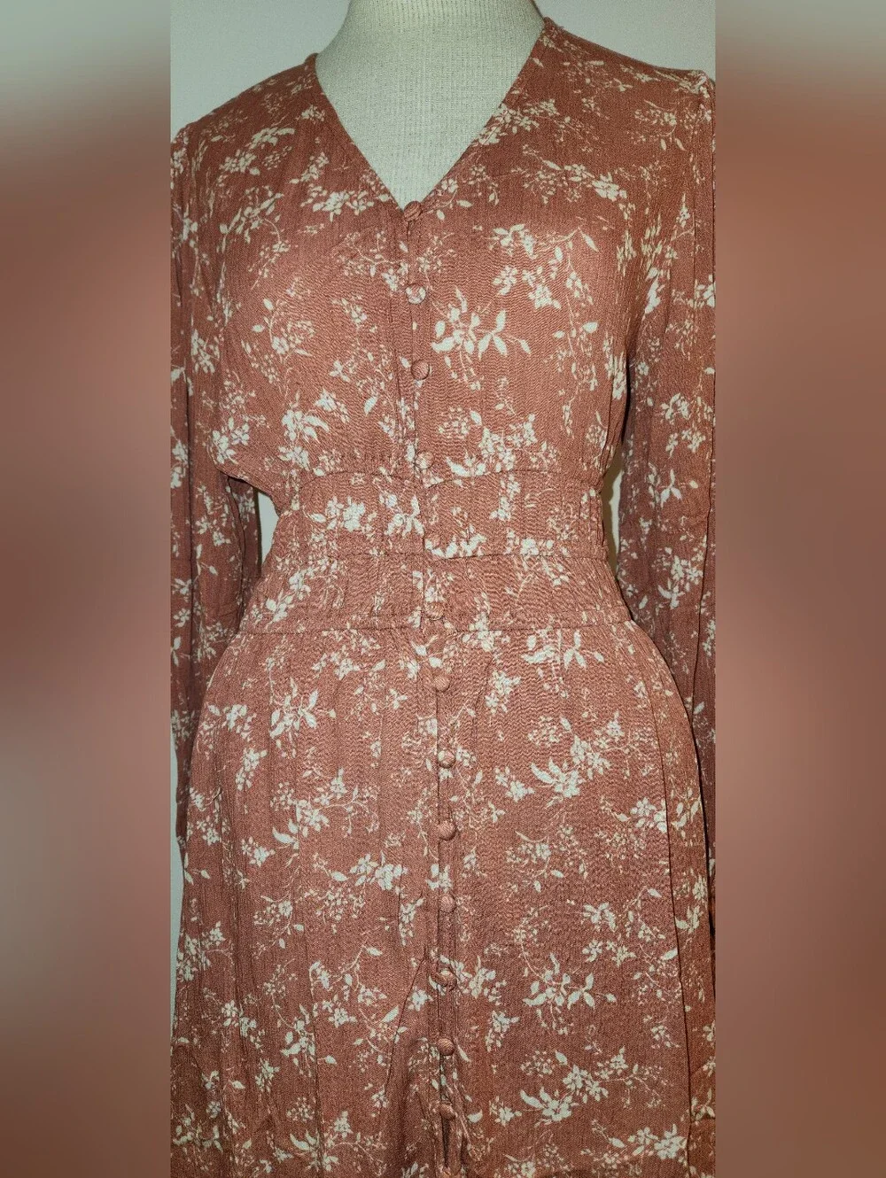 Promesa Rust Floral V-Neck Long Sleeve Midi Dress - Picture 3 of 6